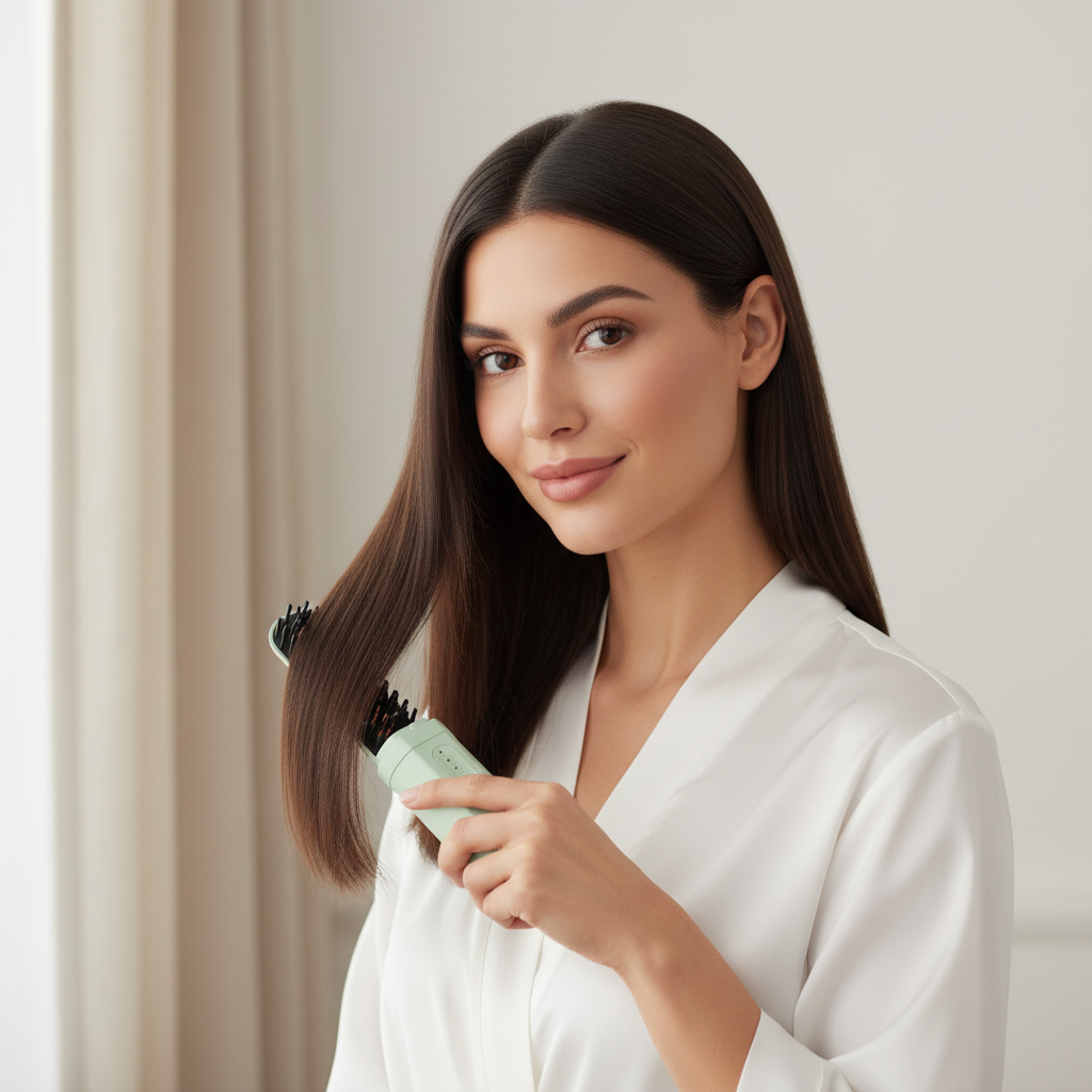 Woman Using Mint Green Hair Brush